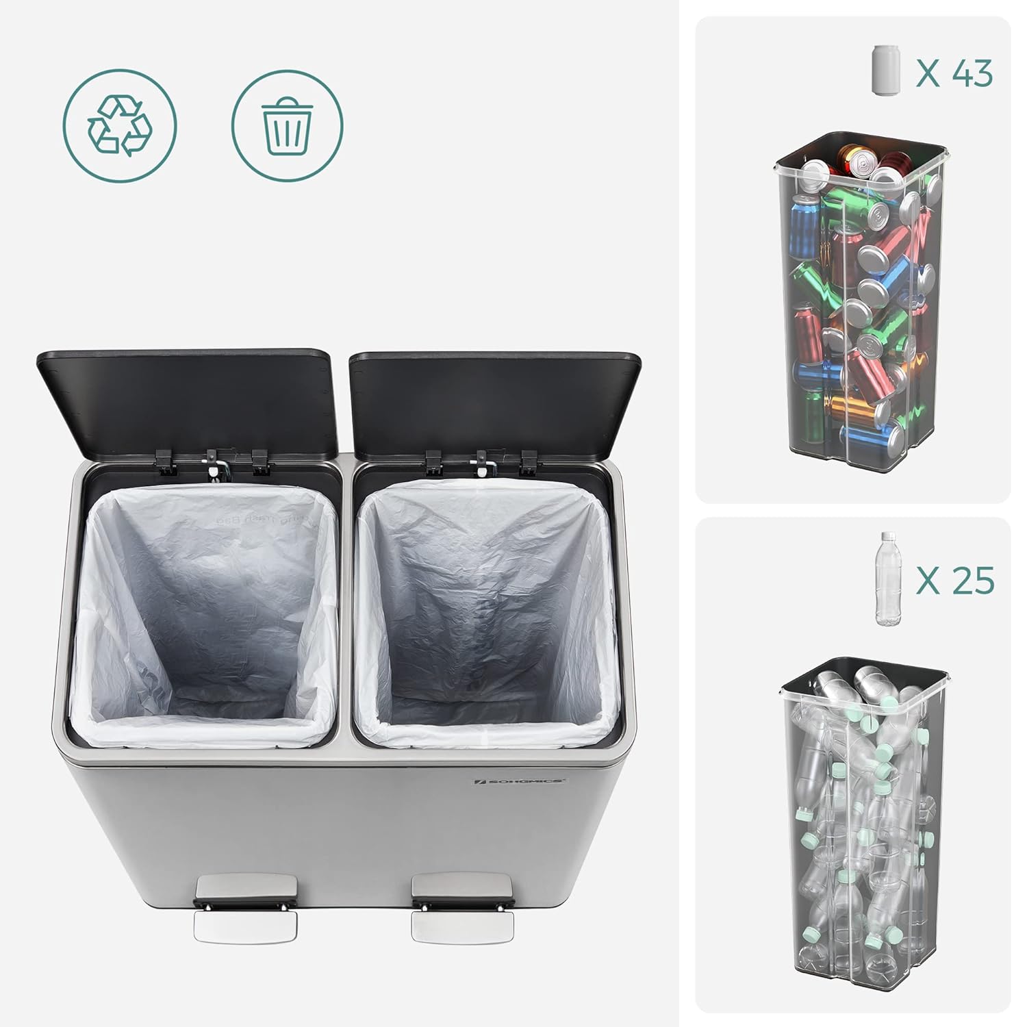 SONGMICS Cos de gunoi din inox cu 2 compartimente colectare selectiva, cu galeti interioare, 2x30litri, argintiu