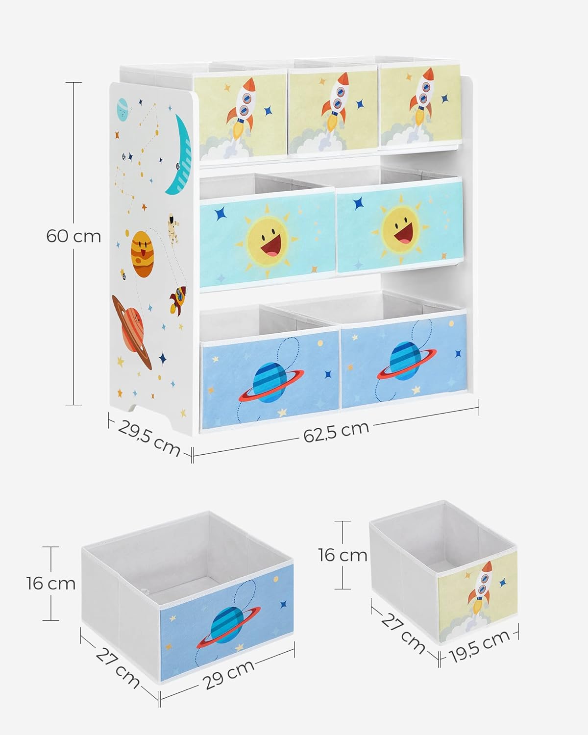 SONGMICS Raft de depozitare jucarii, 7 cutii detasabile din tesatura, 63x30x60cm, alb