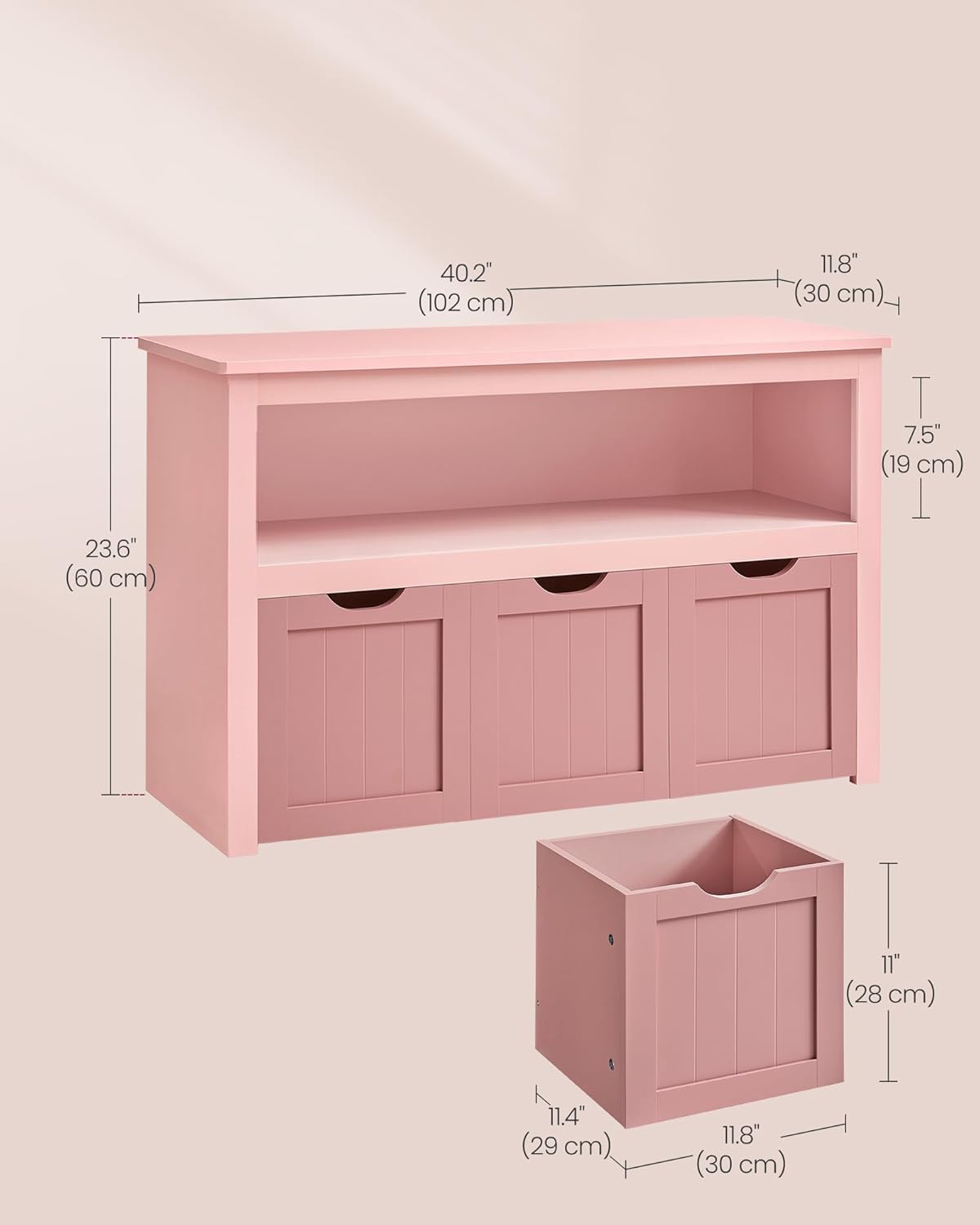 VASAGLE Dulap depozitare jucarii, din MDF, cu 3 compartimente detasabile pe roti, 30x102x60 cm, roz