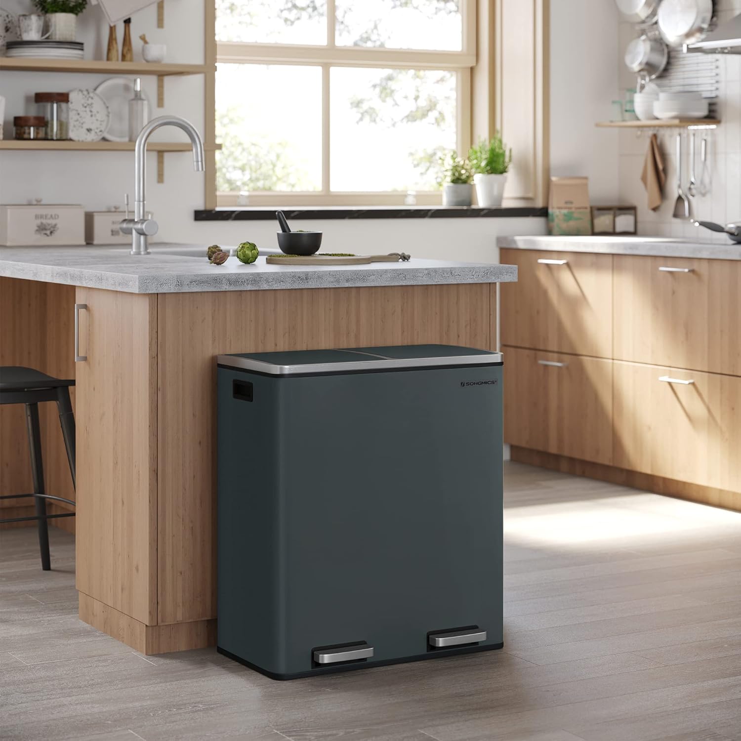 SONGMICS Cos de gunoi din inox cu 2 compartimente colectare selectiva, cu galeti interioare, 2x30litri, gri inchis
