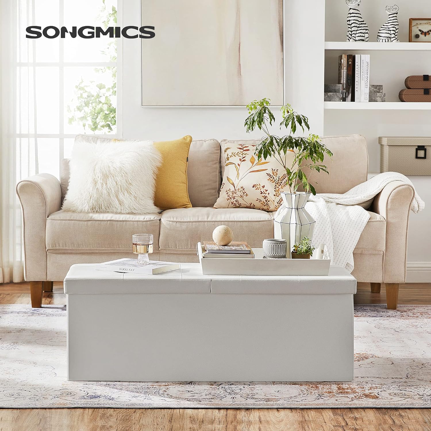 SONGMICS Taburet pliabil cu sezut moale, spatiu de depozitare 120litri, maxim 300kg, 110x38x38cm, alb