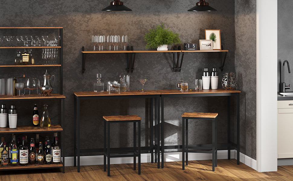 VASAGLE Set masa de bar cu 2 scaune, cadru din otel, blat lemn, design industrial, 100x40x90cm, maro rustic si negru