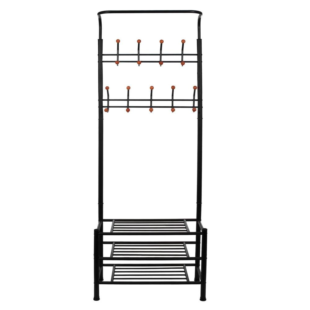 Cuier haine cu suport pantofi, 18 agatatori, 2 rafturi pantofi, 187x67cm, negru