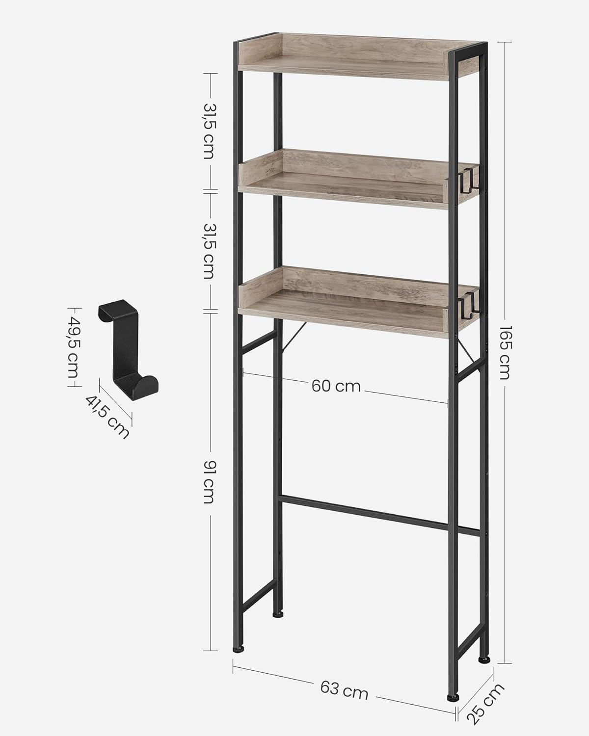 VASAGLE Raft de depozitare pentru baie, suprapunere peste masina spalat sau vas WC, 25x63x165 cm, gri - 2