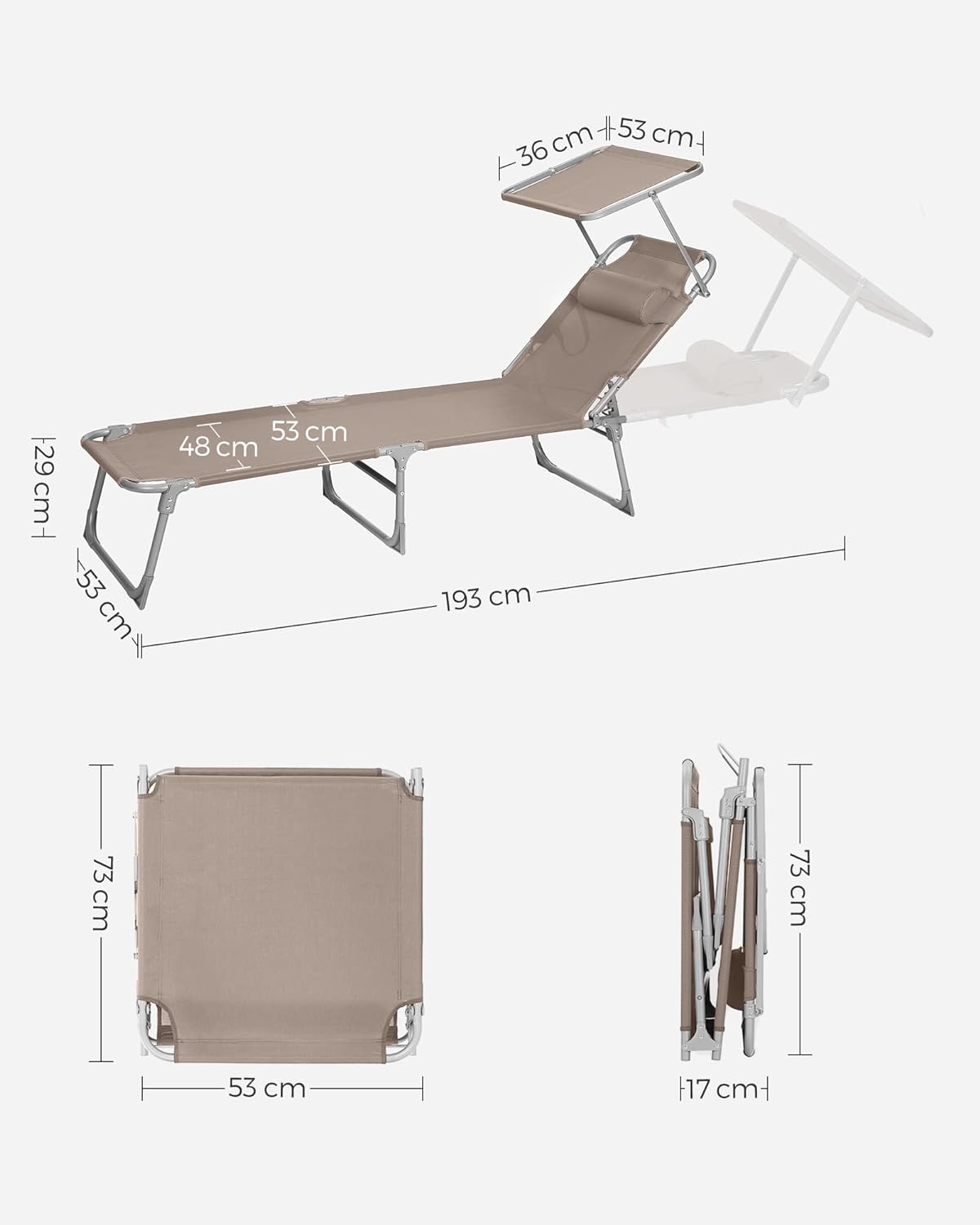 SONGMICS Sezlong pliabil, cu parasolar si tetiera, spatar reglabil in 4 pozitii, maxim 150kg, 193x53x29cm, crem