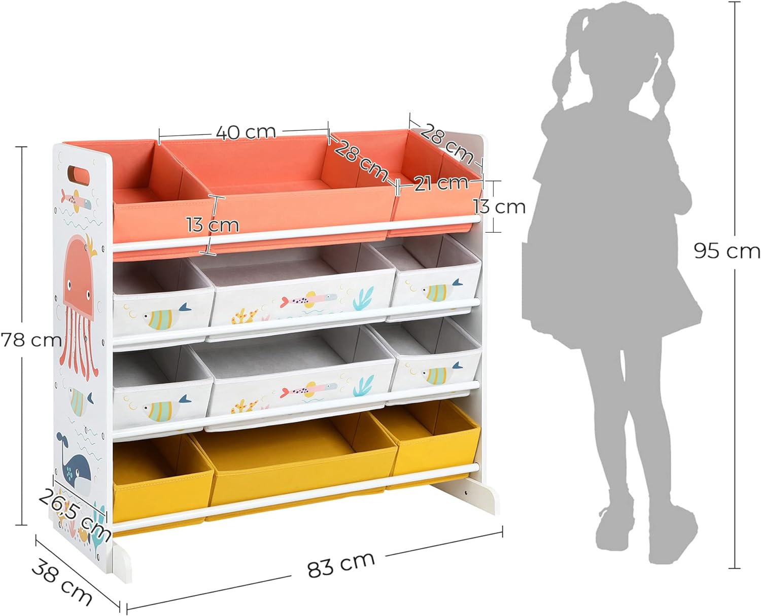 SONGMICS Raft de depozitare jucarii, 12 cutii detasabile din tesatura, 83x38x78cm, alb