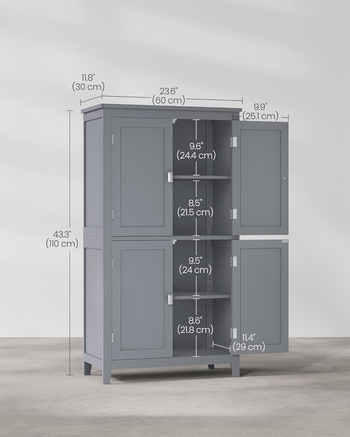 VASAGLE Dulap de baie, din MDF, cu 2 compartimente si 4 usi, rafturi reglabile, 30x60x110cm, gri