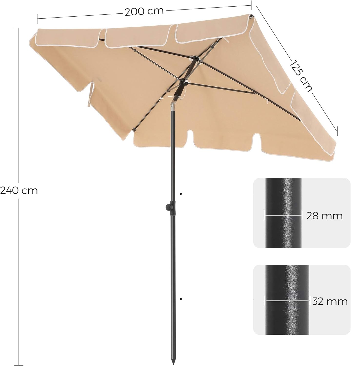 SONGMICS Umbrela terasa gradina sau plaja, cu inclinare, husa, 200x125cm, taupe - 3