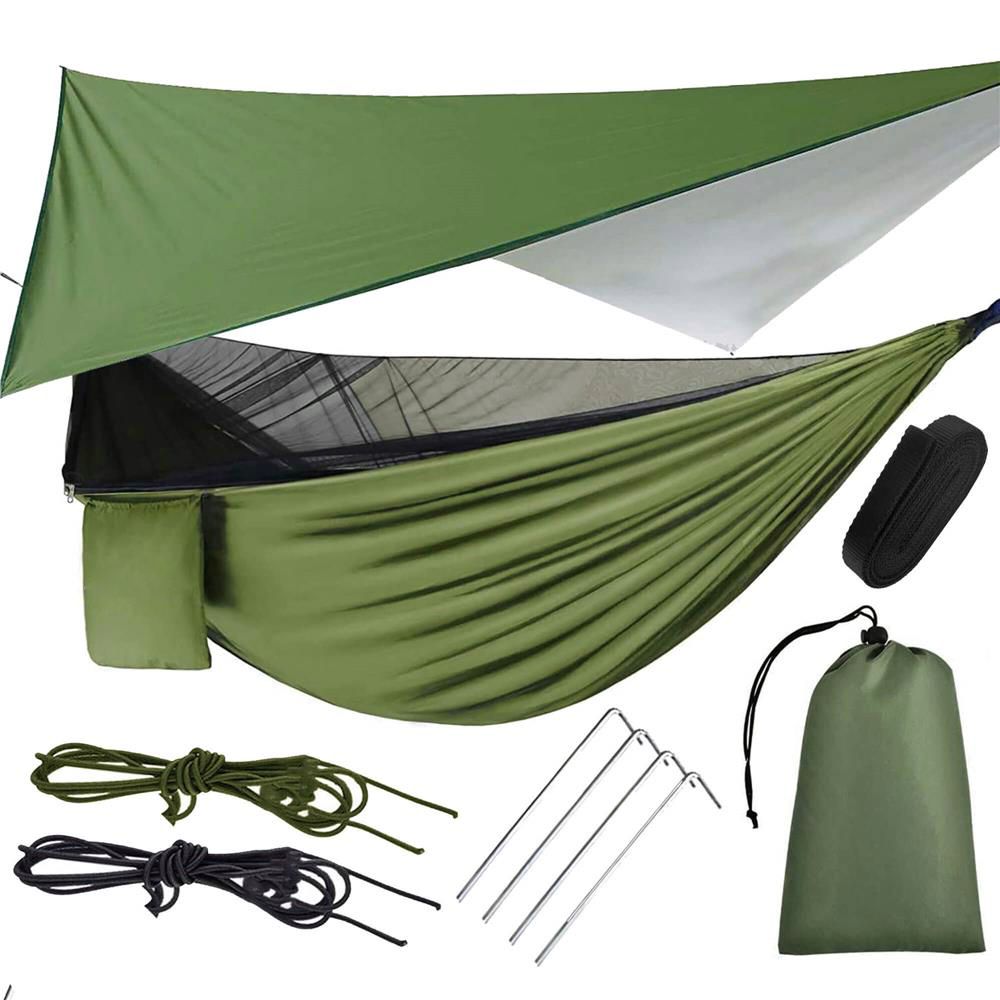Hamac dublu din material parasuta 140x260cm, cu plasa de tantari si baldachin impermeabil, 200kg, verde