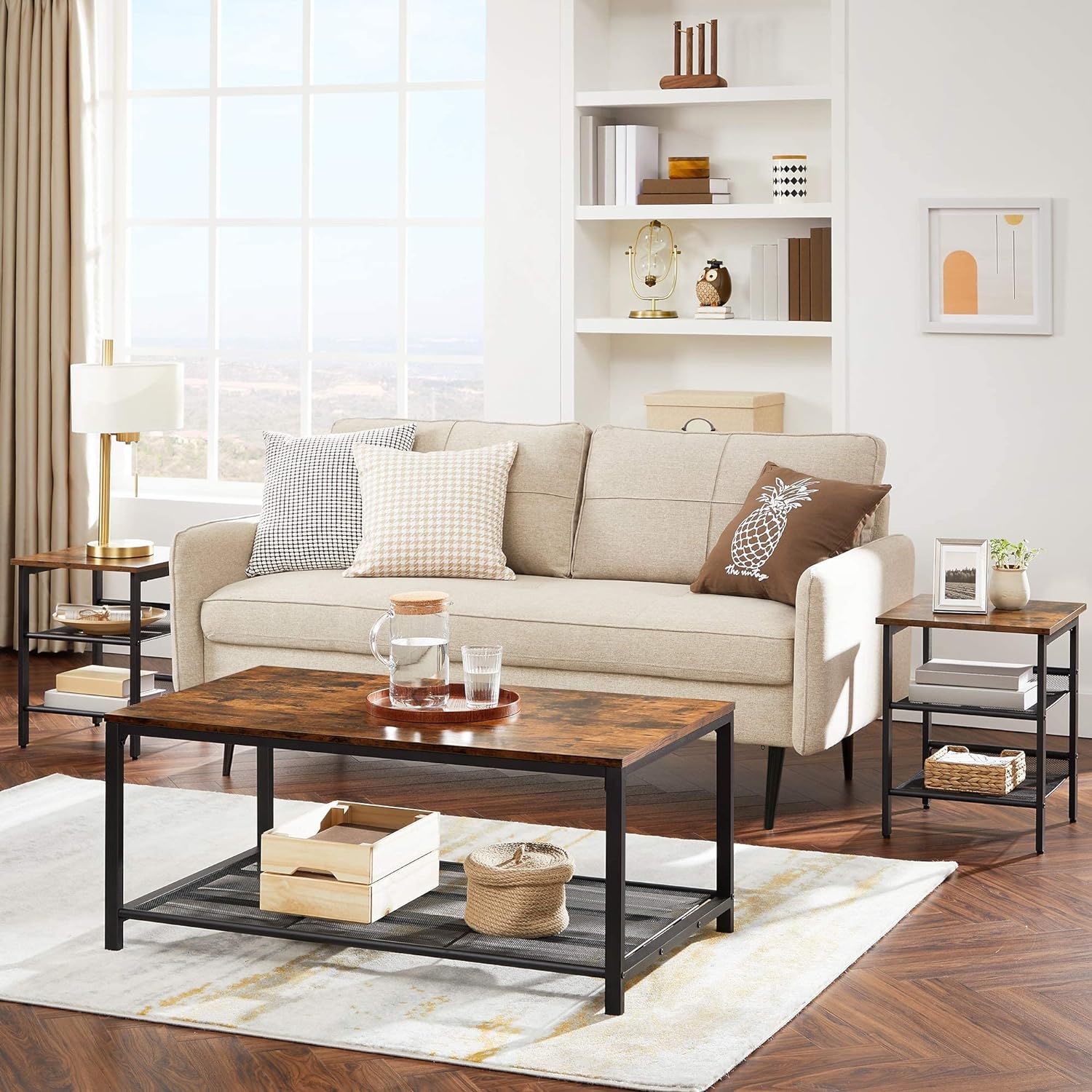 VASAGLE Set de 2 noptiere, cu cadru metalic, blat MDF, rafturi reglabile, 40x40x50cm, maro rustic