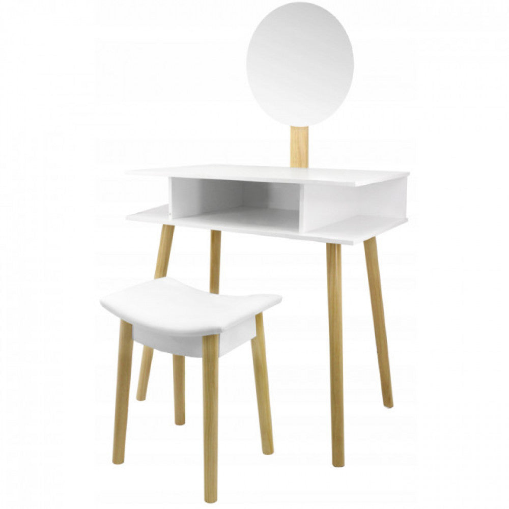 Set Masa de toaleta si machiaj cu taburet Scandinav, alba, cu oglinda, 75x45x130 cm