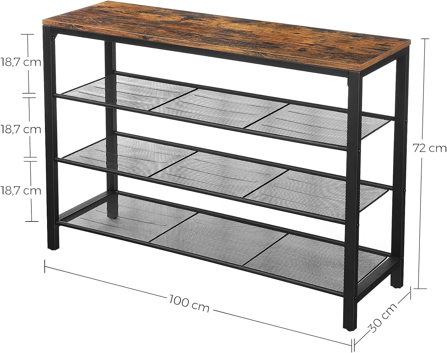 VASAGLE Raft pentru pantofi cu 3 polite, 100x30x72cm, otel, stil industrial, maro rustic si negru
