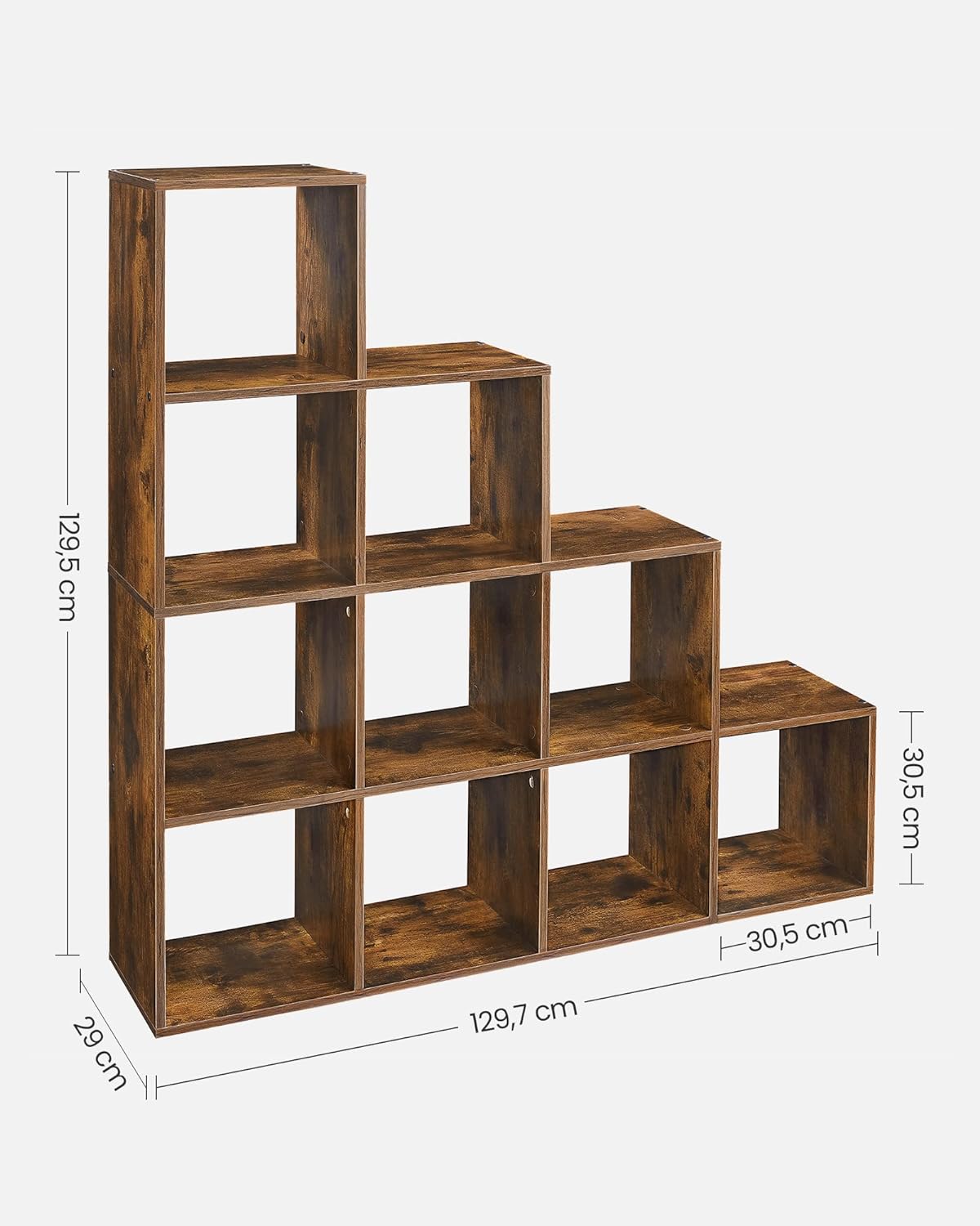 VASAGLE Biblioteca cu 10 compartimente, unitate de depozitare pentru decoratiuni, din lemn, 29x129x129cm, maro rustic