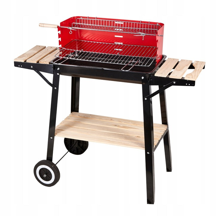 Gratar metalic pe carbuni, tava cromata, cu spita pentru rotisor, 93x84x42cm