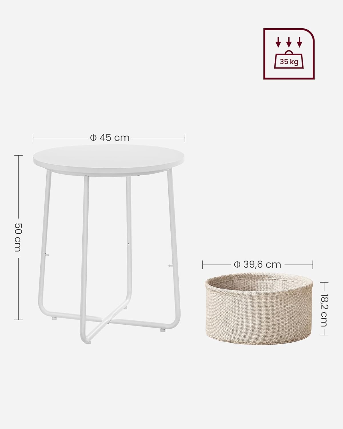 Masuta de cafea rotunda cu cos de stofa, stil modern, 45x50cm, alb cu bej