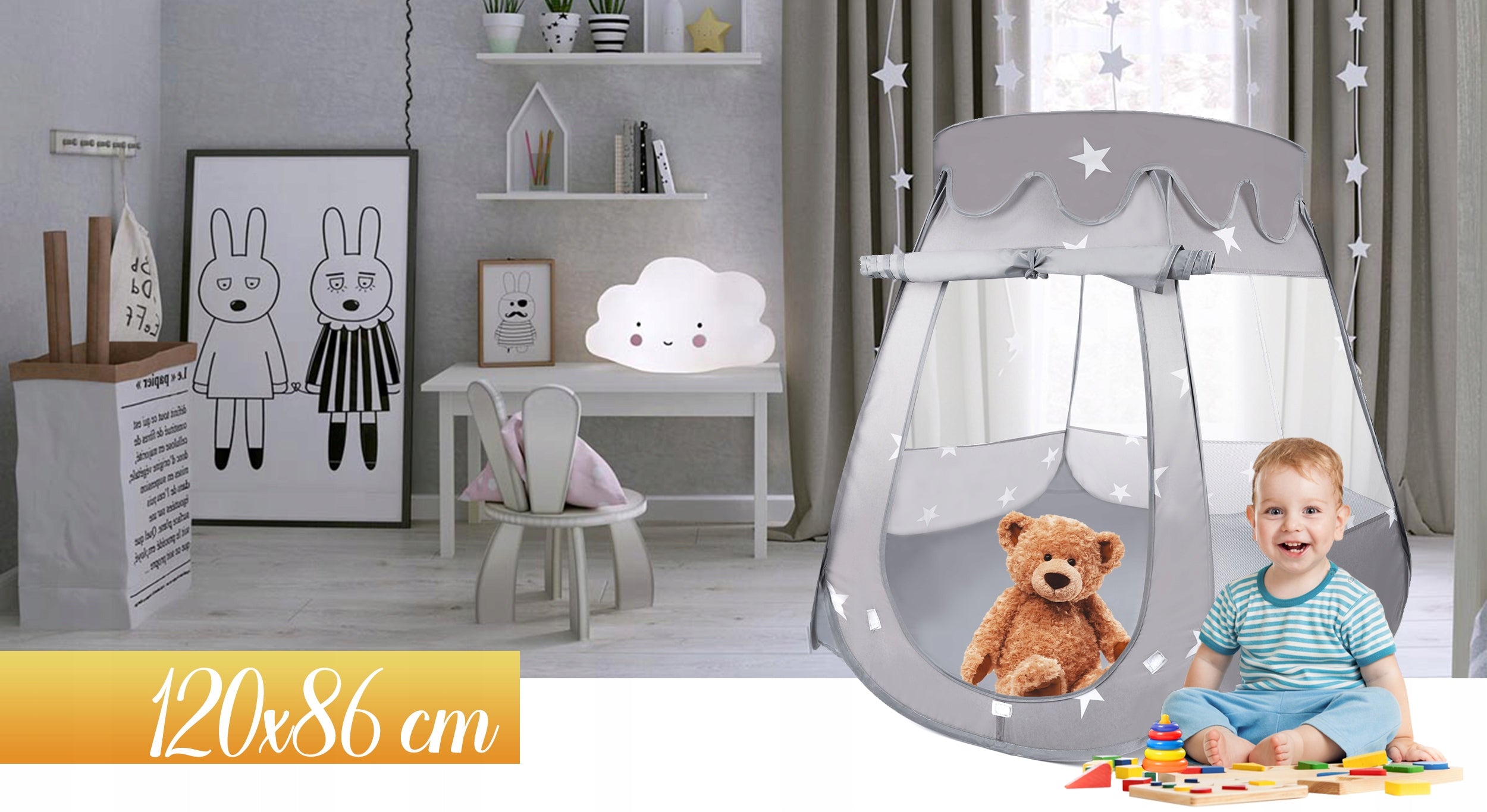 Tarc loc de joaca pentru copii sau bebe, material textil, gri, 120x120x86cm