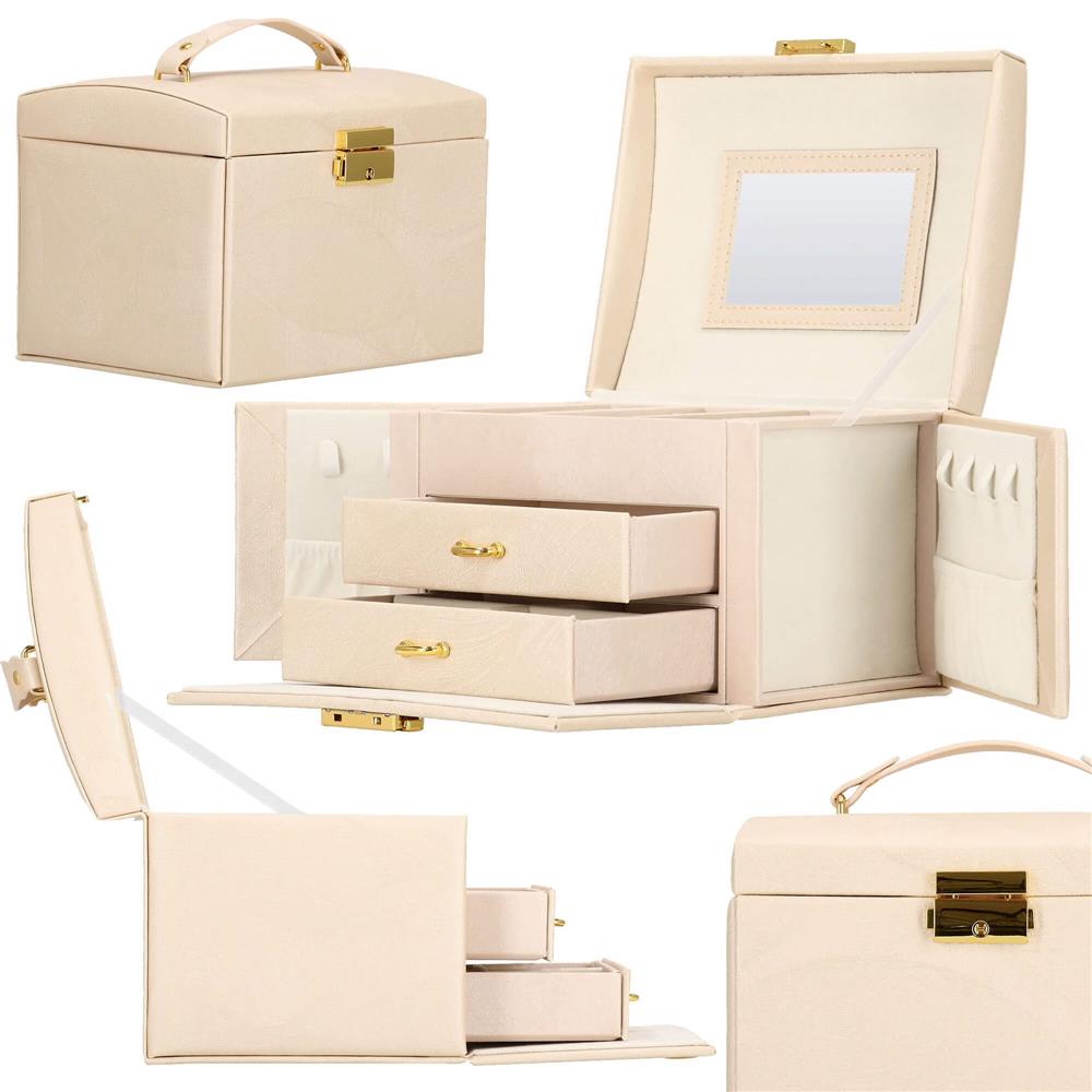 Cutie depozitare si organizare bijuterii, piele ecologica + velur, 18 x 13,5 x 14cm, crem