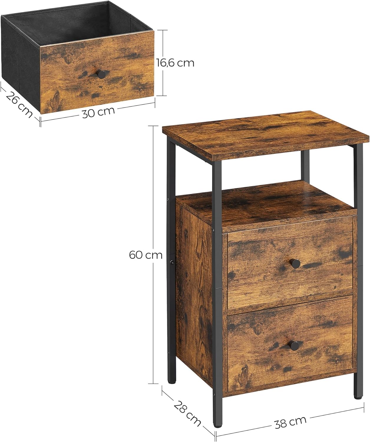 Noptiera cu 2 sertare pentru dormitor, design industrial, 28x38x60cm, maro si negru