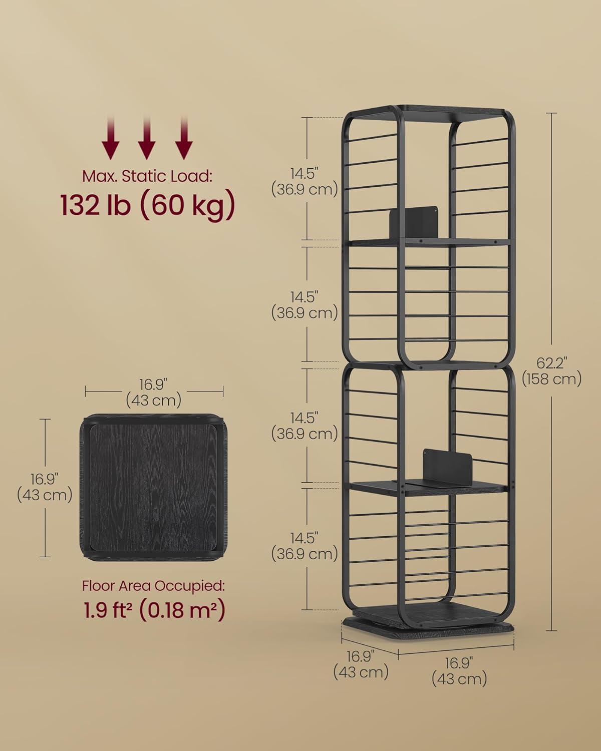 VASAGLE Biblioteca rotativa 360 grade, cadru metalic, cu 5 polite MDF, 43x43x158cm, negru