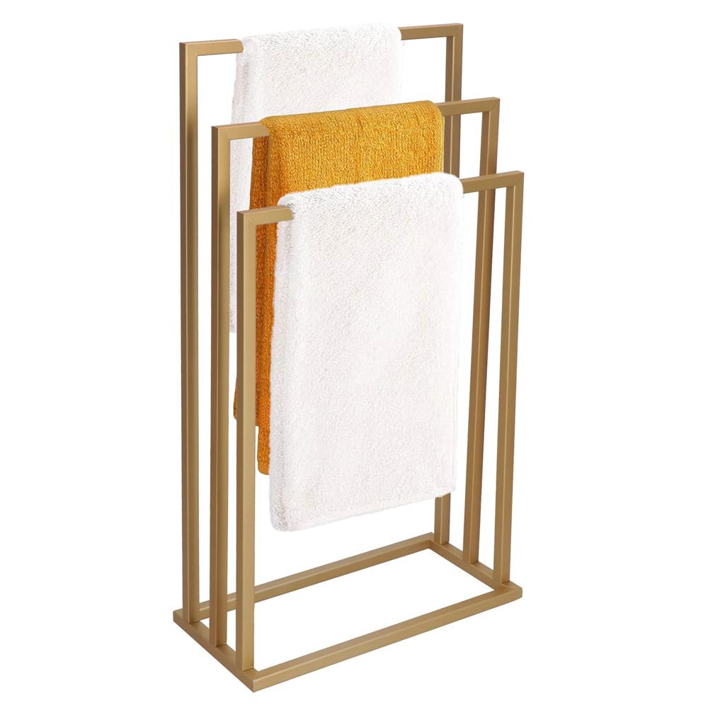 Suport metalic de baie pentru prosoape, cu 3 standuri, 86 cm, auriu mat