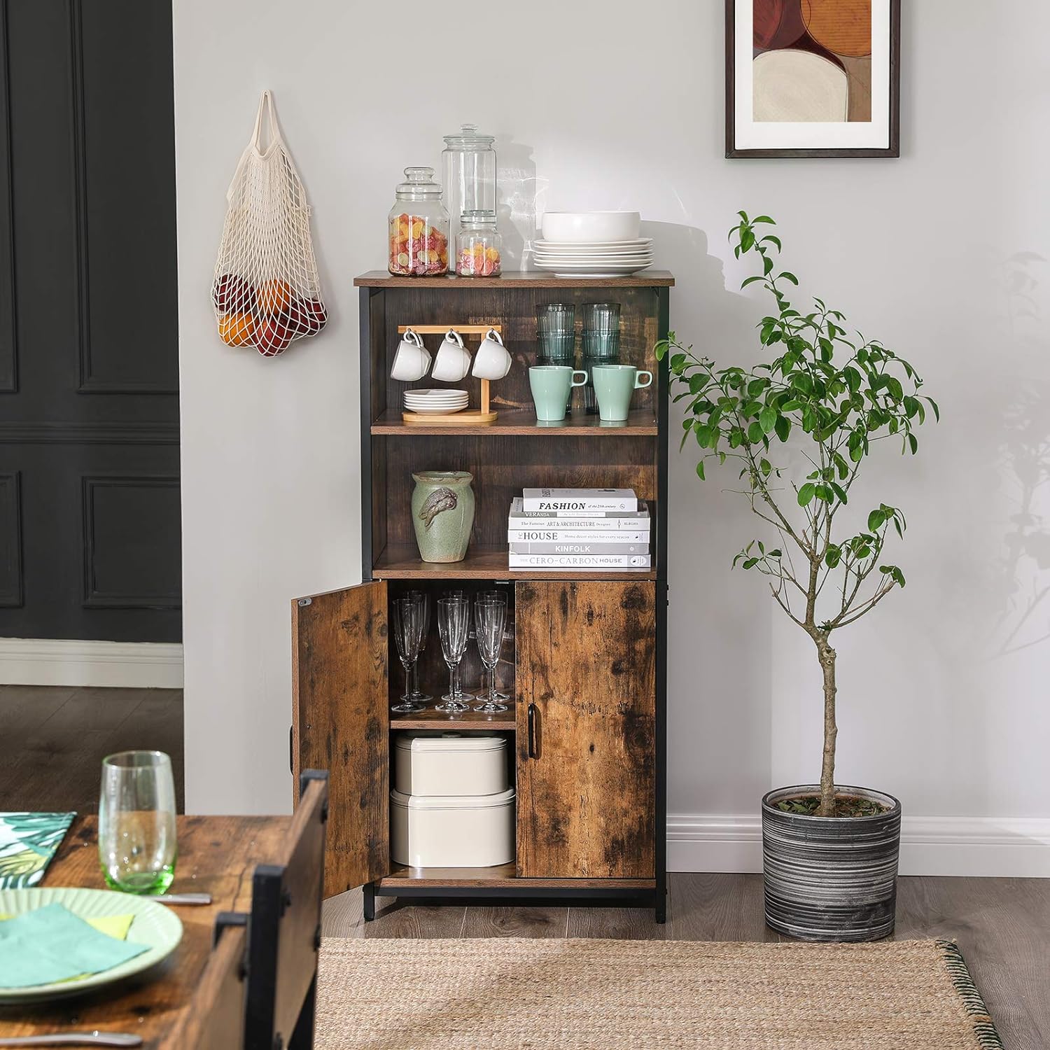 VASAGLE Comoda cu rafturi tip bufet, utilizare multifunctionala, stil industrial, 35x60x125cm, maro rustic