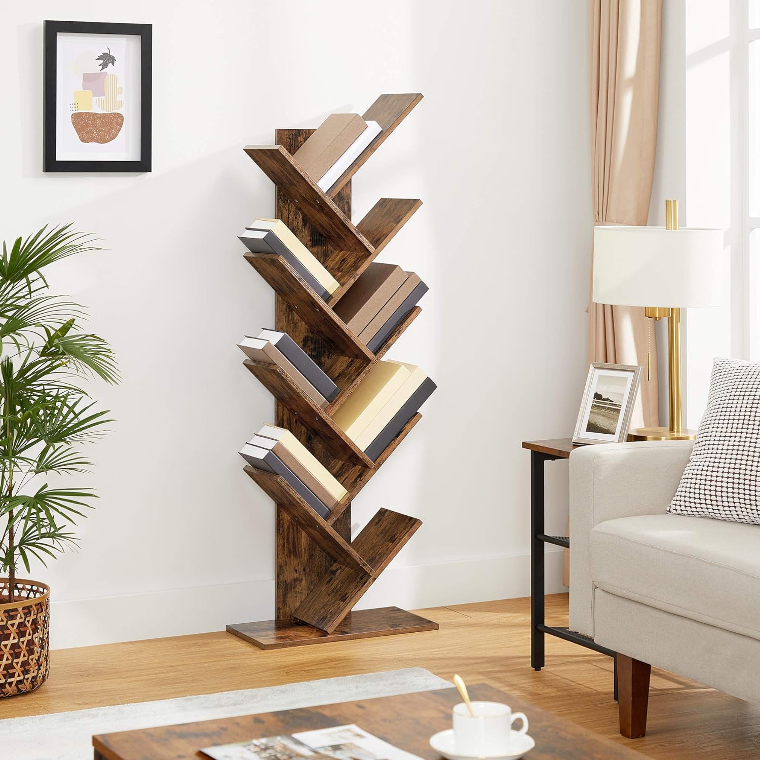 Biblioteca de podea cu 8 etaje, cu rafturi din lemn in forma V, 25x141x50cm, maro rustic