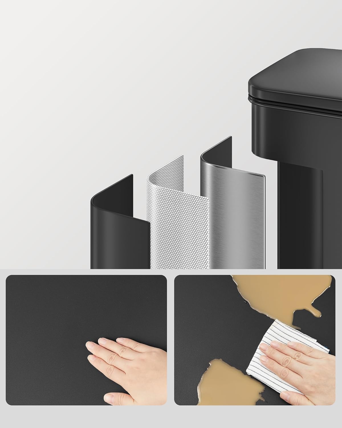SONGMICS Cos de gunoi din otel, cu pedala si soft-close, saci gunoi inclusi, 40 litri, negru