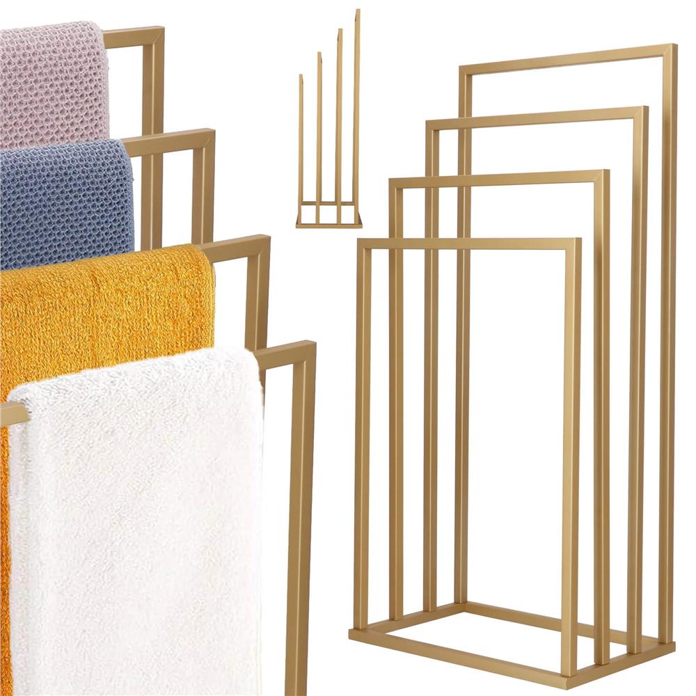 Suport metalic de baie pentru prosoape, cu 4 standuri, 96 cm, auriu mat - 5