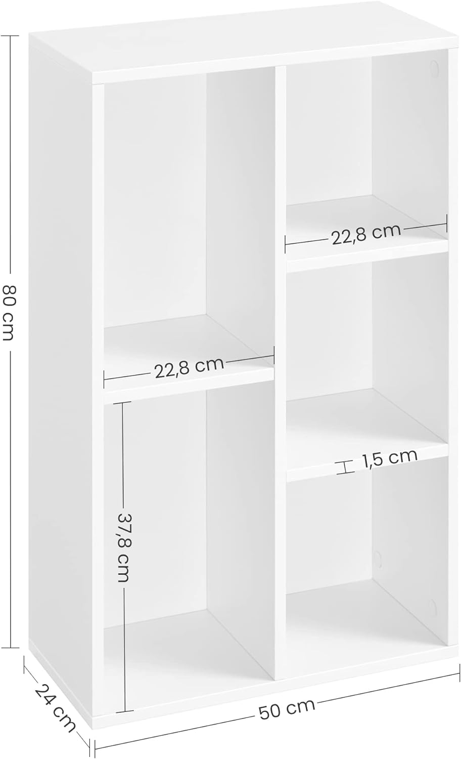 VASAGLE Biblioteca, raft cu 5 unitati de depozitare, pentru living, din lemn, 50x24x80cm, alb
