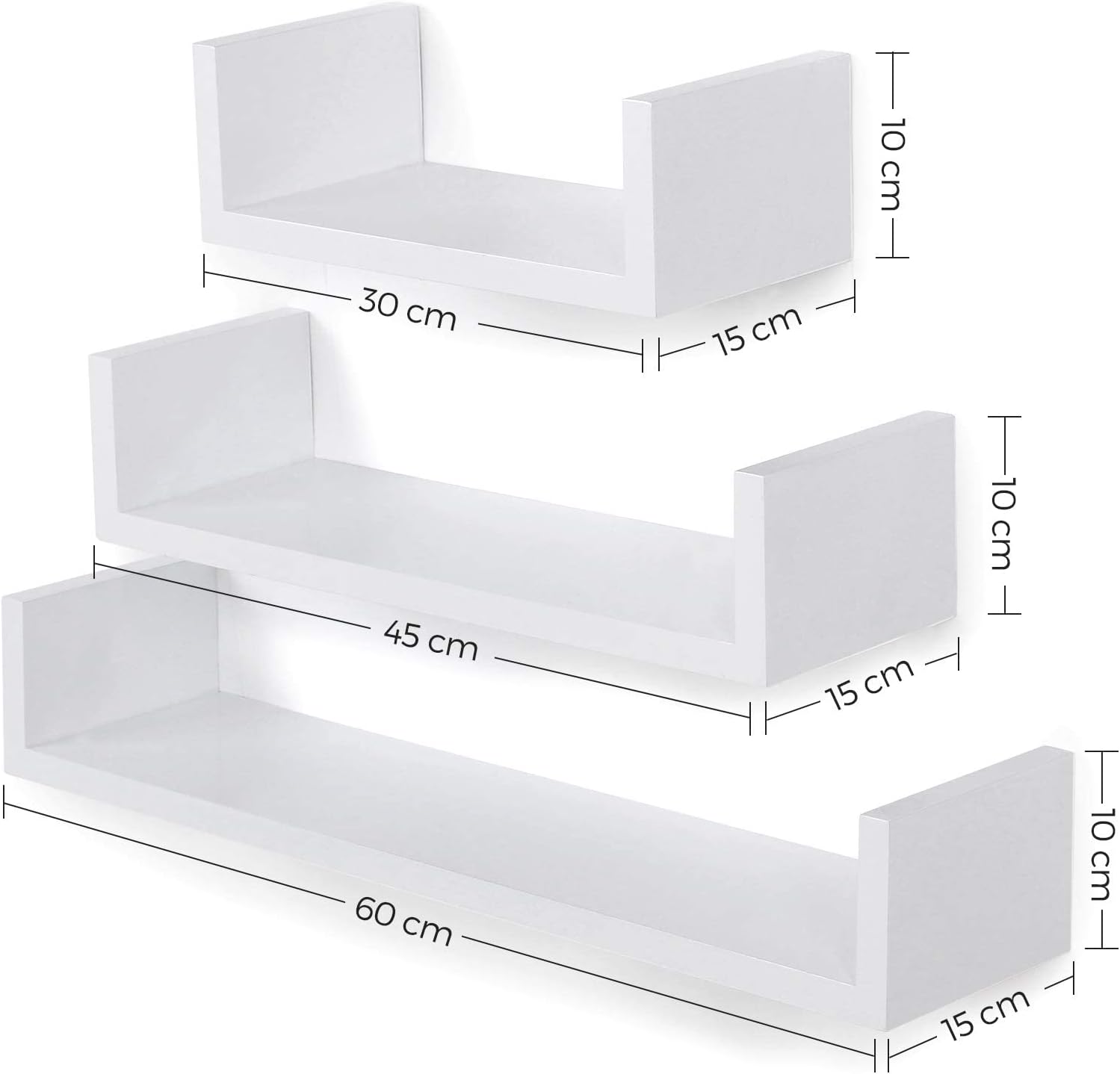SONGMICS Set de 3 rafturi de perete plutitoare, MDF lucios, 30/45/60 cm, alb