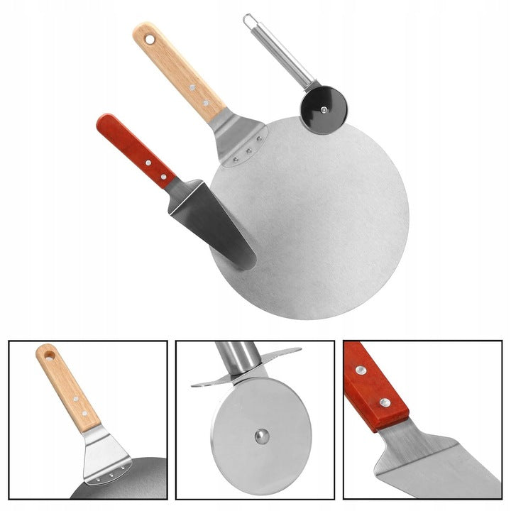 Set 3 accesorii pentru pizza, tava, spatula si taietor, inox cu manere din lemn