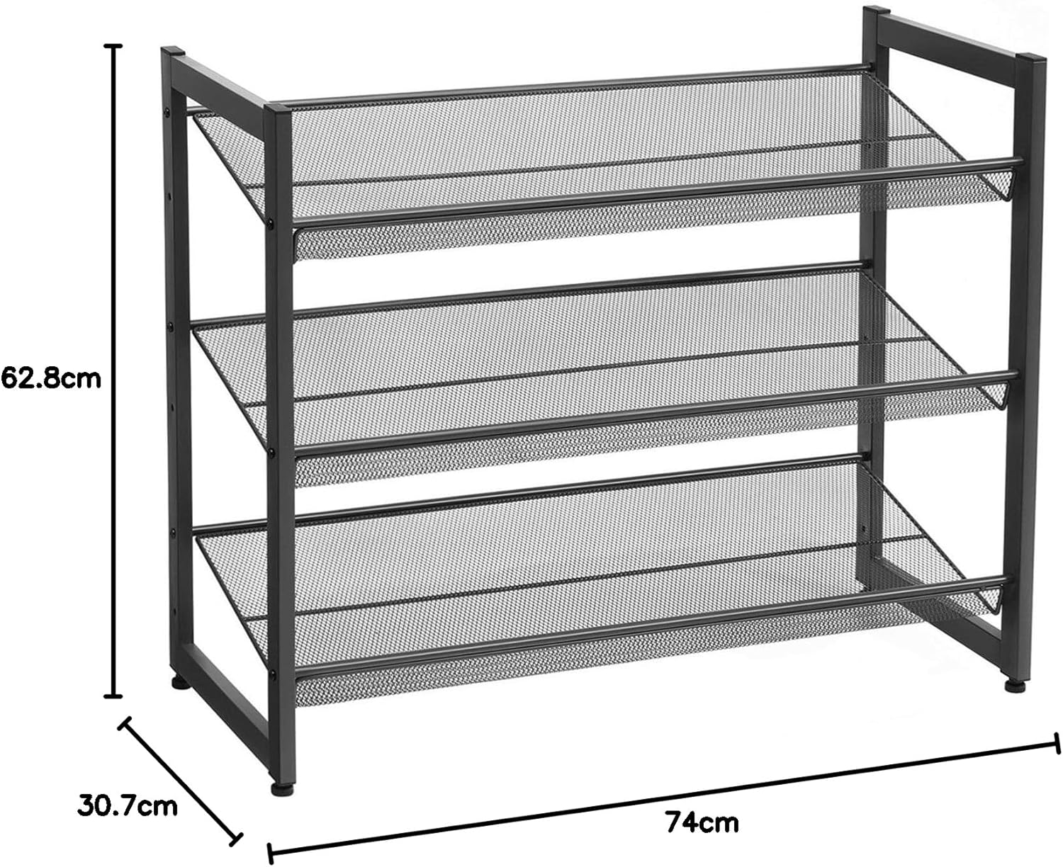 Raft de depozitare pantofi pe 3 niveluri, metal, rafturi plate sau unghiulare reglabile, 31x74x63cm, negru