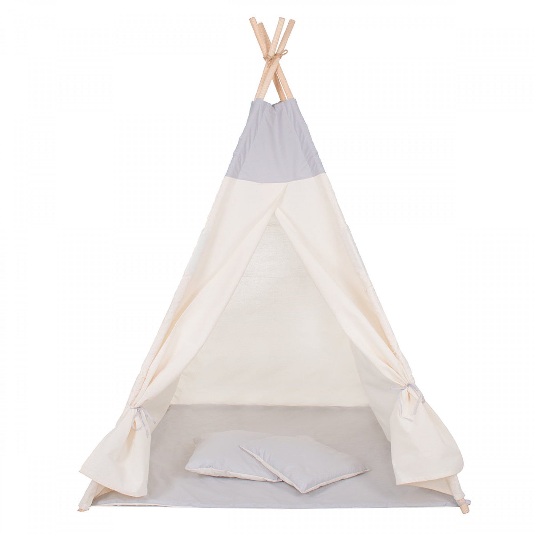 Cort copii Sersimo stil indian Teepee Tent cu fereastra, covoras gros si 2 perne, alb gri monocrom