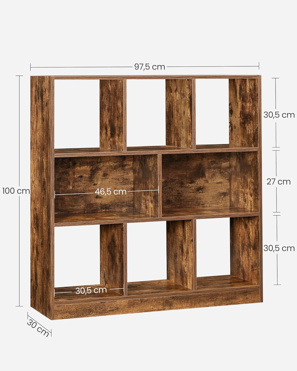 VASAGLE Biblioteca, raft cu 8 unitati de depozitare, pentru living, din lemn, 97x30x100cm, maro rustic