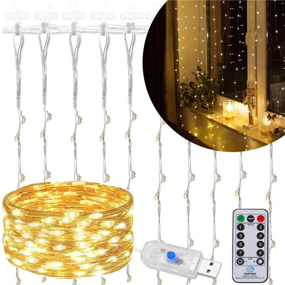 Ghirlanda luminoasa tip perdea 200 LED-uri, 2x2m, pentru interior, alimentare USB, alb cald (galben)