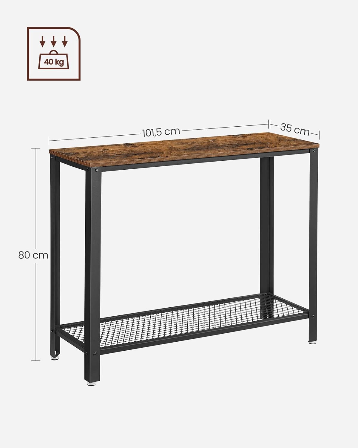 VASAGLE Masa de intrare, cadru metalic cu blat din lemn, industrial, 102x35x80cm, maro rustic si negru