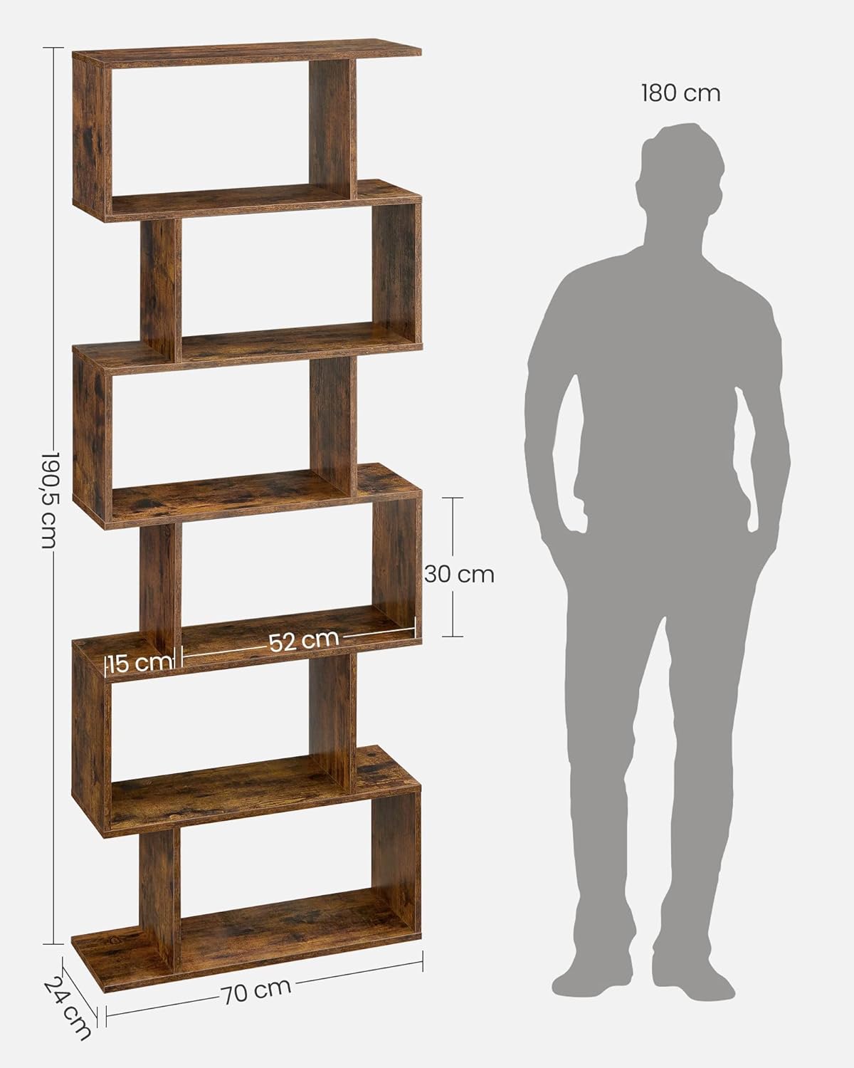 VASAGLE Biblioteca, raft cu 6 unitati de depozitare, pentru living, din lemn, 24x190x70cm, maro rustic