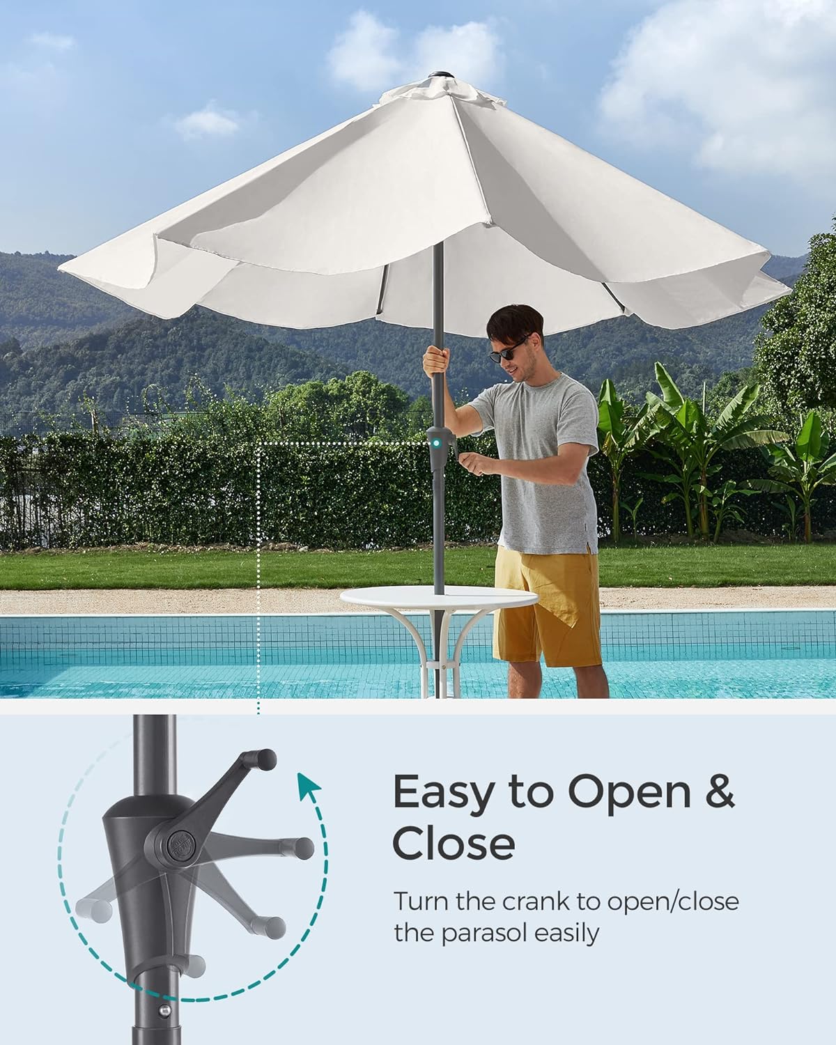 SONGMICS Umbrela de gradina, cu manivela pentru deschidere, sistem inclinare, 300cm, bej