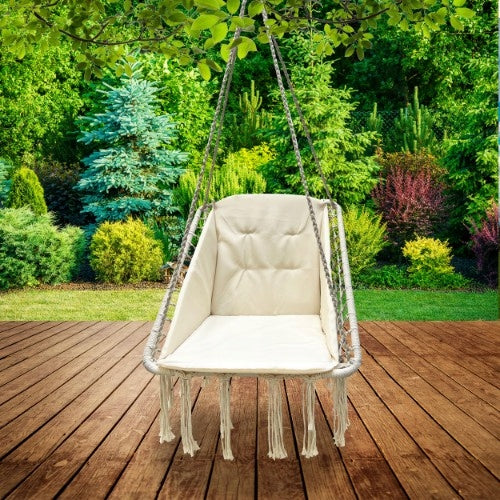 Scaun patrat tip leagan suspendat cu perna pentru casa sau gradina, 60x65x115cm, bej