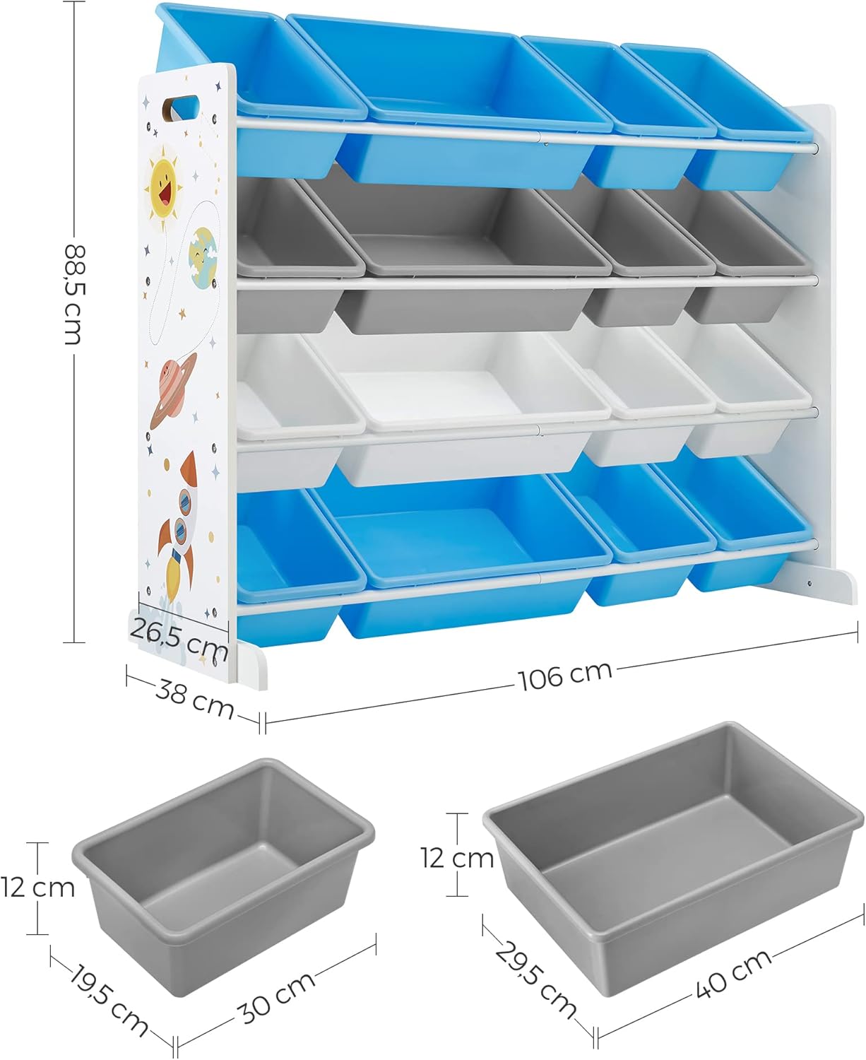 SONGMICS Raft de depozitare jucarii, 16 cutii detasabile din plastic, 89x27x106cm, alb
