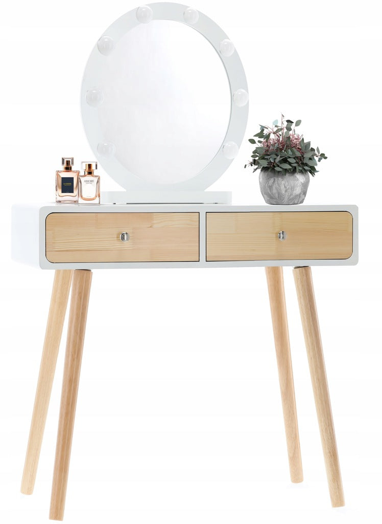 Set masa de toaleta si machiaj cu taburet, Scandinav, oglinda, iluminare LED, 75x45x130 cm, alba