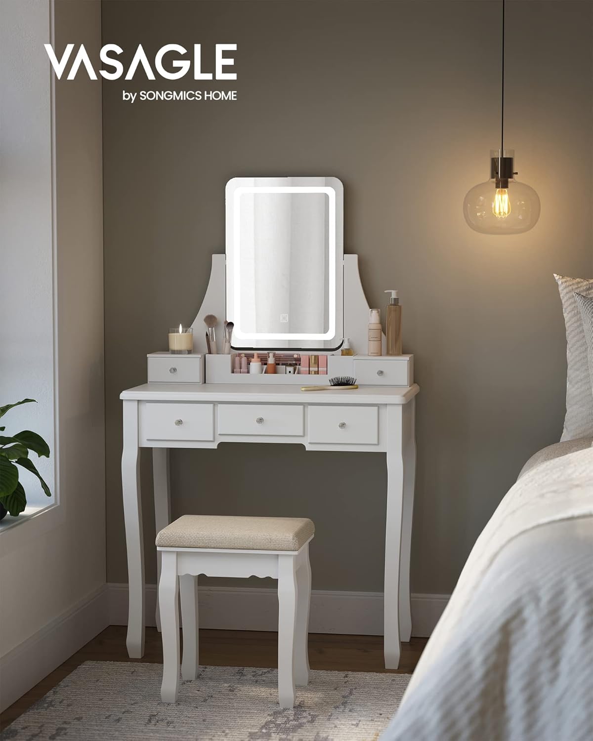 VASAGLE Masa de toaleta cu taburet, oglinda rotativa 360°, iluminare LED reglabila, 80x40x138 cm, alb
