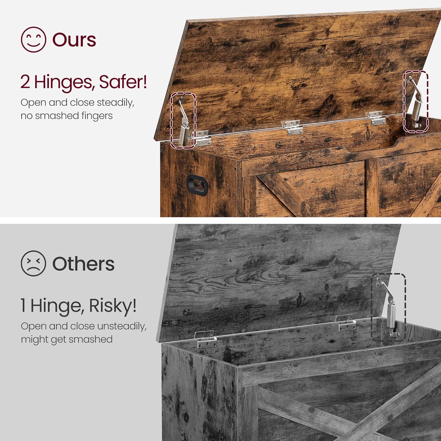 VASAGLE Banca de depozitare tip cufar, cu 2 balamale de siguranta, stil hambar, 40x100x46cm, maro rustic
