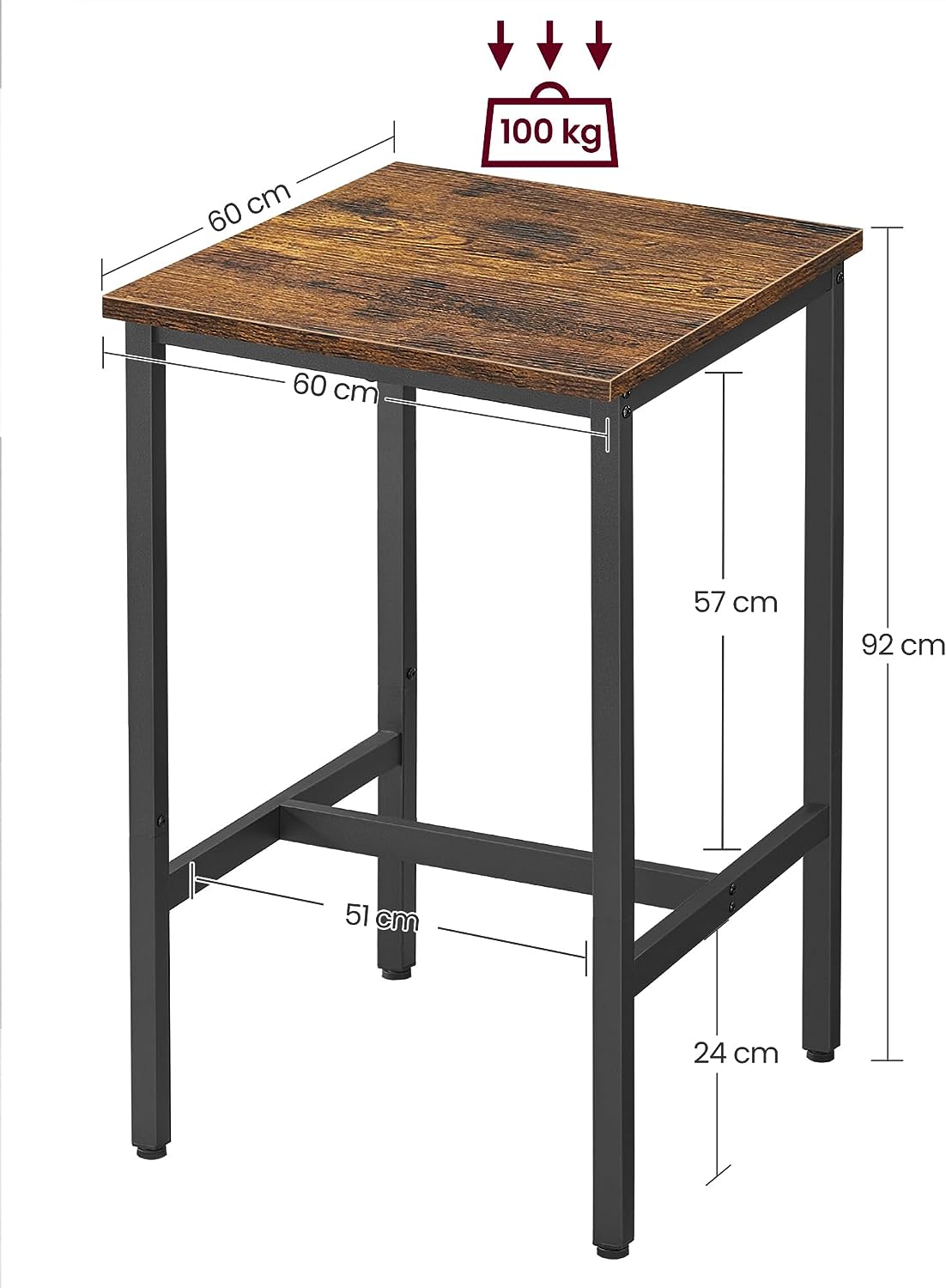 VASAGLE Masa de bar pentru bucatarie, patrata, inalta, cadru de otel, 60x60x92cm, stil industrial, maro rustic si negru
