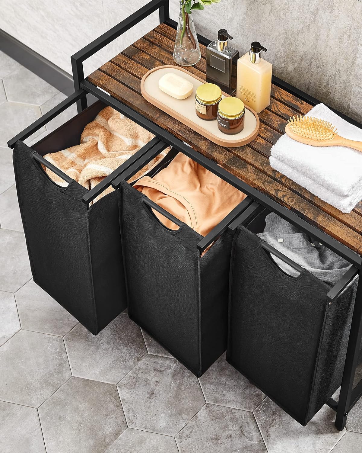 VASAGLE Cos de rufe, 3 compartimente, saci de rufe detasabili, raft, cadru metalic, 3x38L, 93x33x72 cm, maro rustic si negru - 3