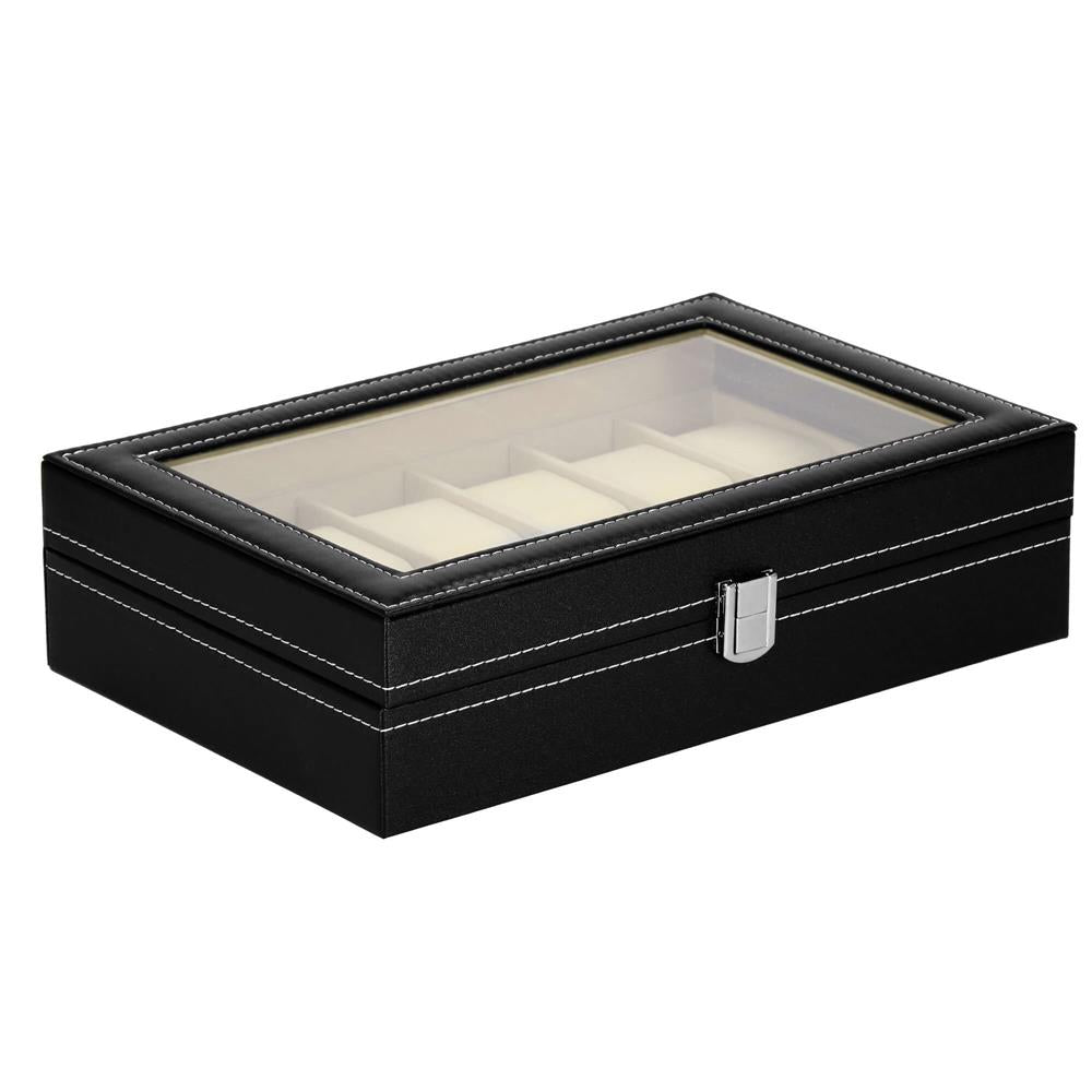 Cutie depozitare si organizare ceasuri, MDF, piele ecologica, 30x20x8cm, negru interior crem
