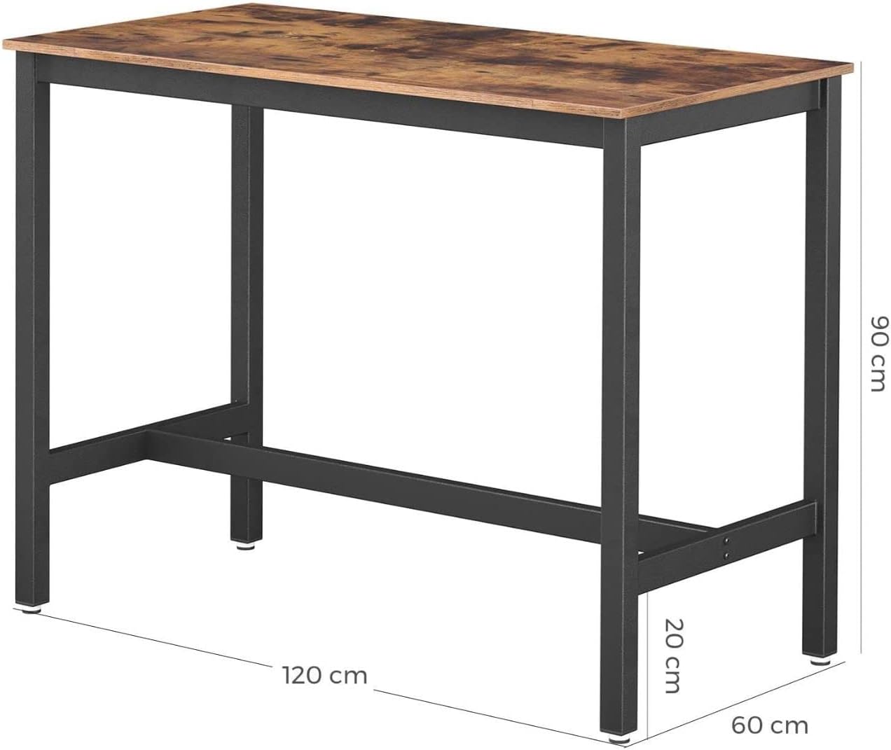VASAGLE Masa de bar pentru bucatarie, dreptunghiulara, inalta, cadru de otel, 60x120x90cm, stil industrial, maro rustic si negru