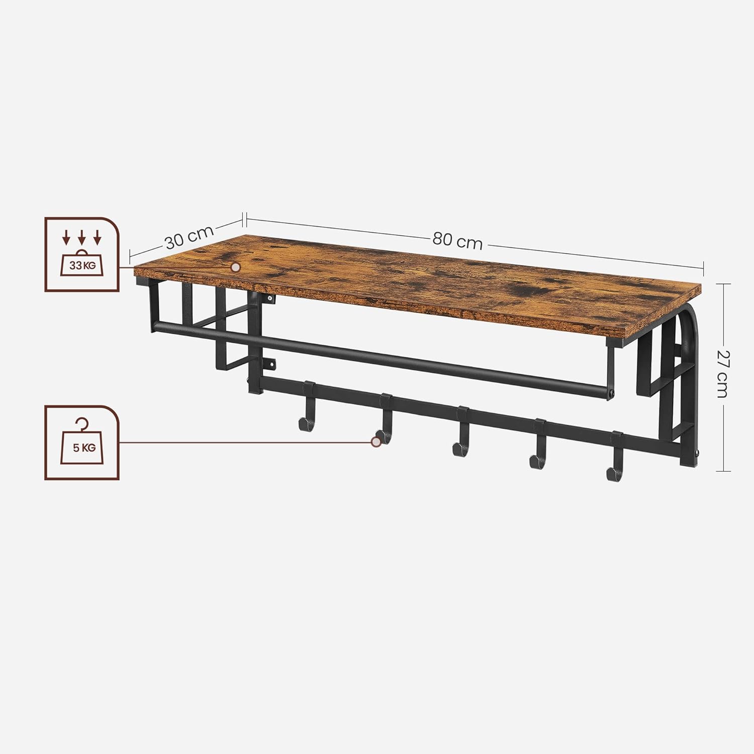 VASAGLE Cuier de perete cu raft de depozitare, 5 carlige, 30x80x27 cm, maro rustic