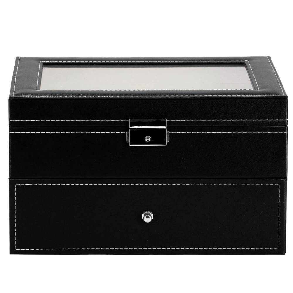 Cutie depozitare si organizare ceasuri, MDF, piele ecologica, 28x20x16,5cm, negru interior crem