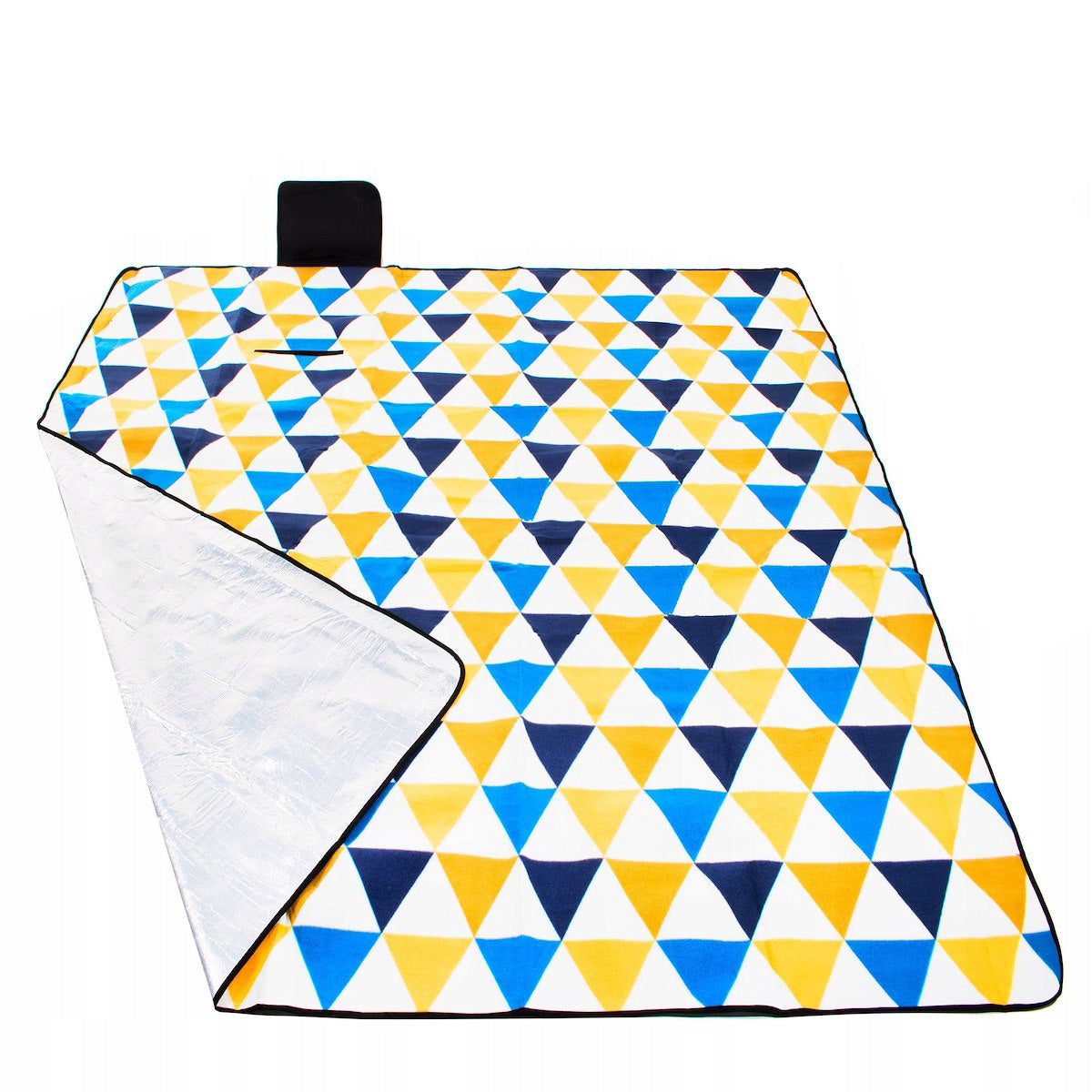 Patura pentru picnic sau plaja, cu folie izolatoare si maner, 200x200cm, albastru galben